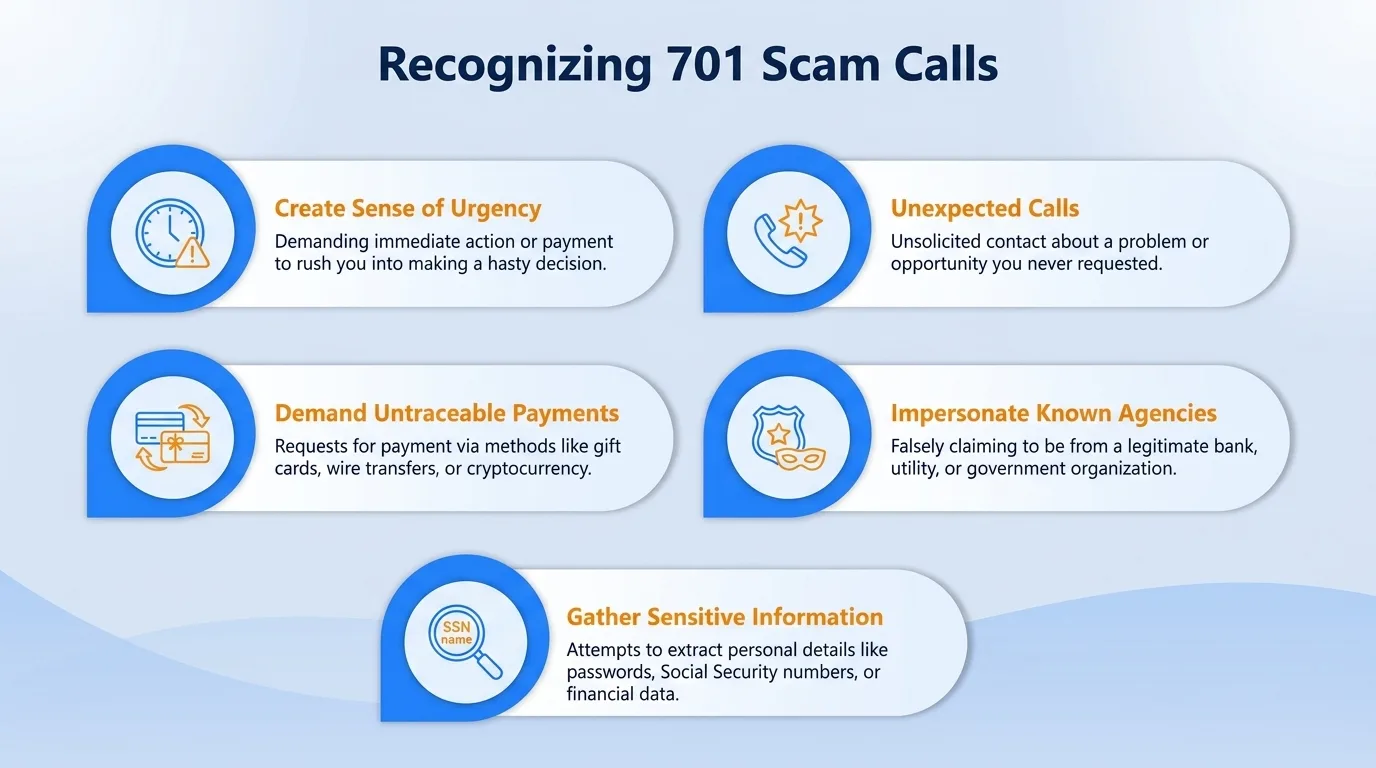 Recognizing 701 scam calls — create sense of urgency, unexpected calls, demand untraceable payments, impersonate known agencies, and gather sensitive information