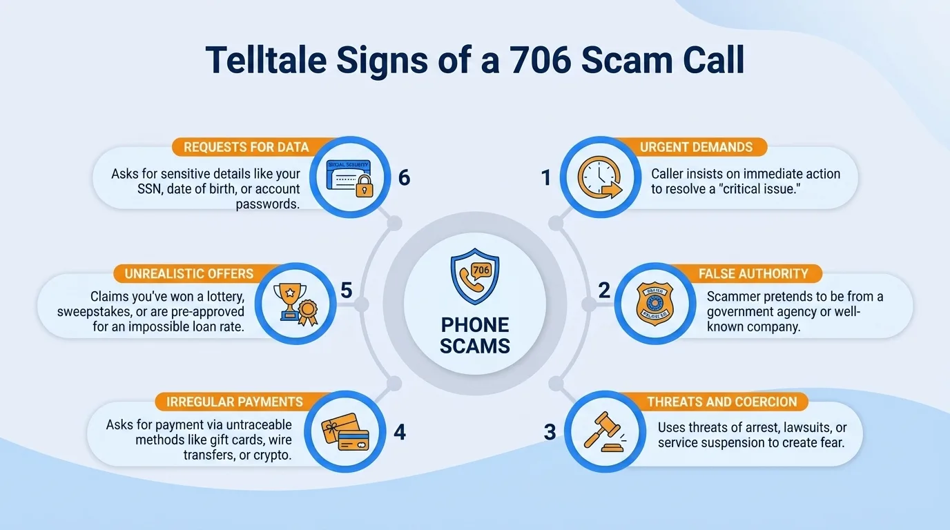 Telltale signs of a 706 scam call — urgent demands, false authority, threats and coercion, irregular payments, unrealistic offers, and requests for data