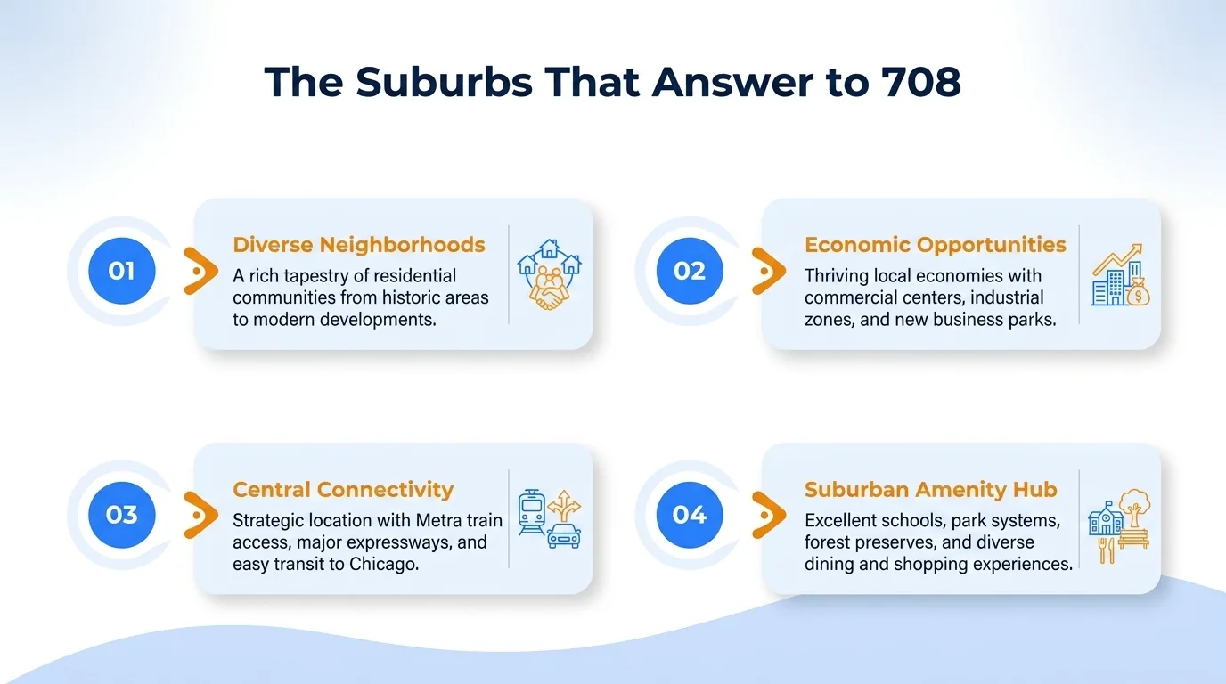 The suburbs that answer to 708 — diverse neighborhoods, economic opportunities, central connectivity, and suburban amenity hub