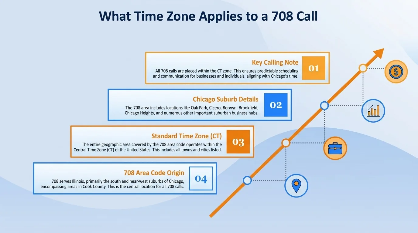 What time zone applies to a 708 call — key calling note, Chicago suburb details, standard time zone, and 708 area code origin