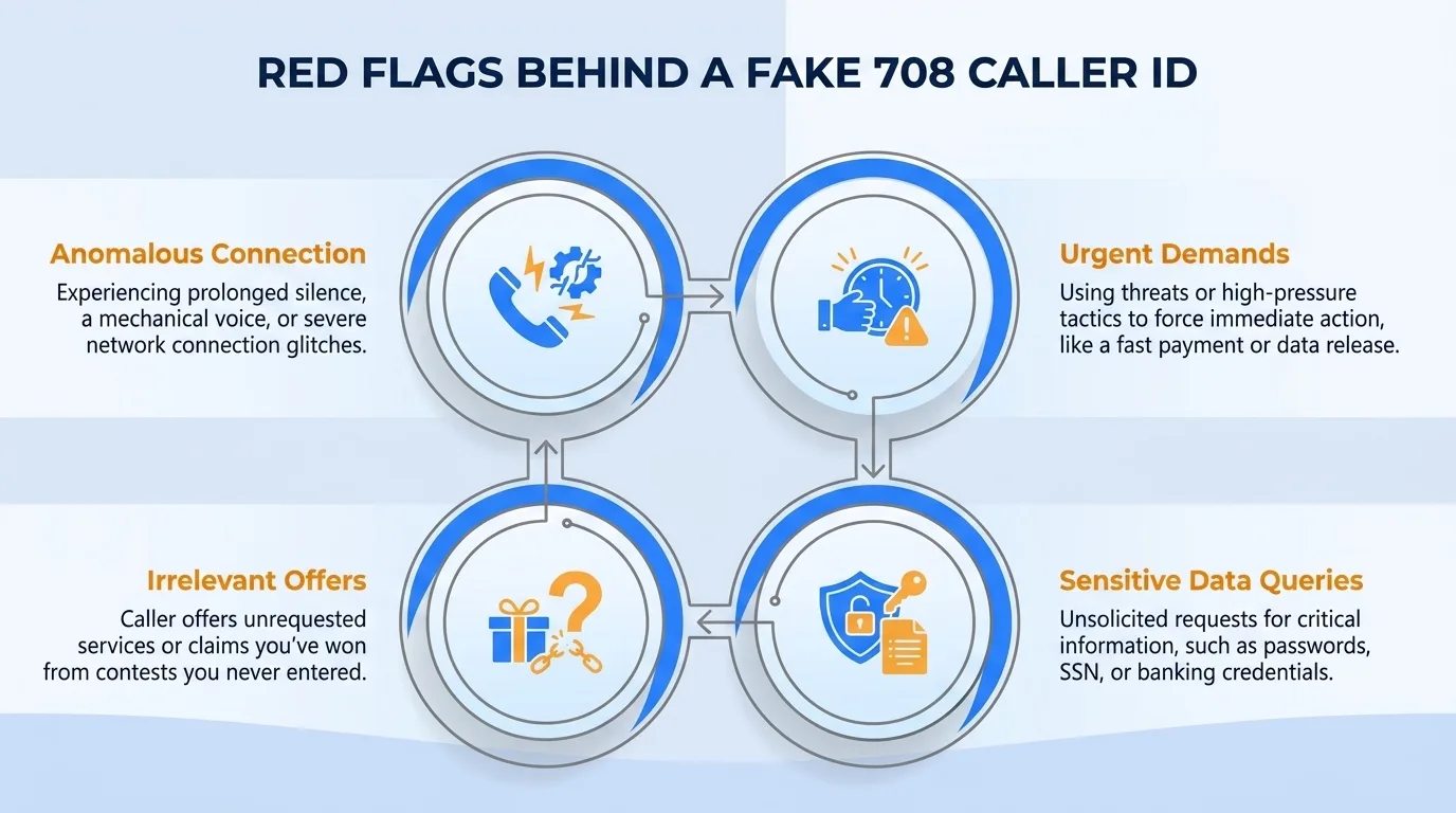 Red flags behind a fake 708 caller ID — anomalous connection, urgent demands, sensitive data queries, and irrelevant offers