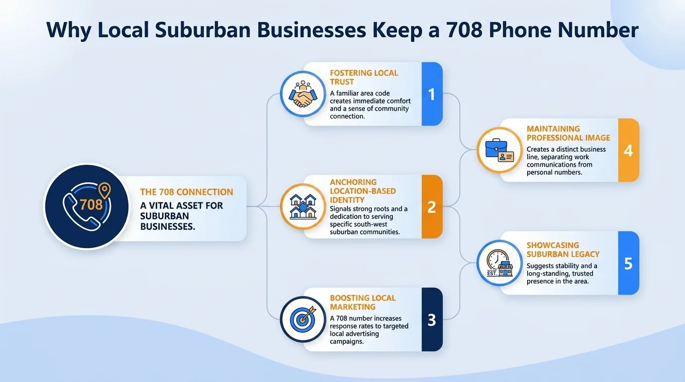 Why local suburban businesses keep a 708 phone number — fostering local trust, anchoring location-based identity, boosting local marketing, maintaining professional image, and showcasing suburban legacy