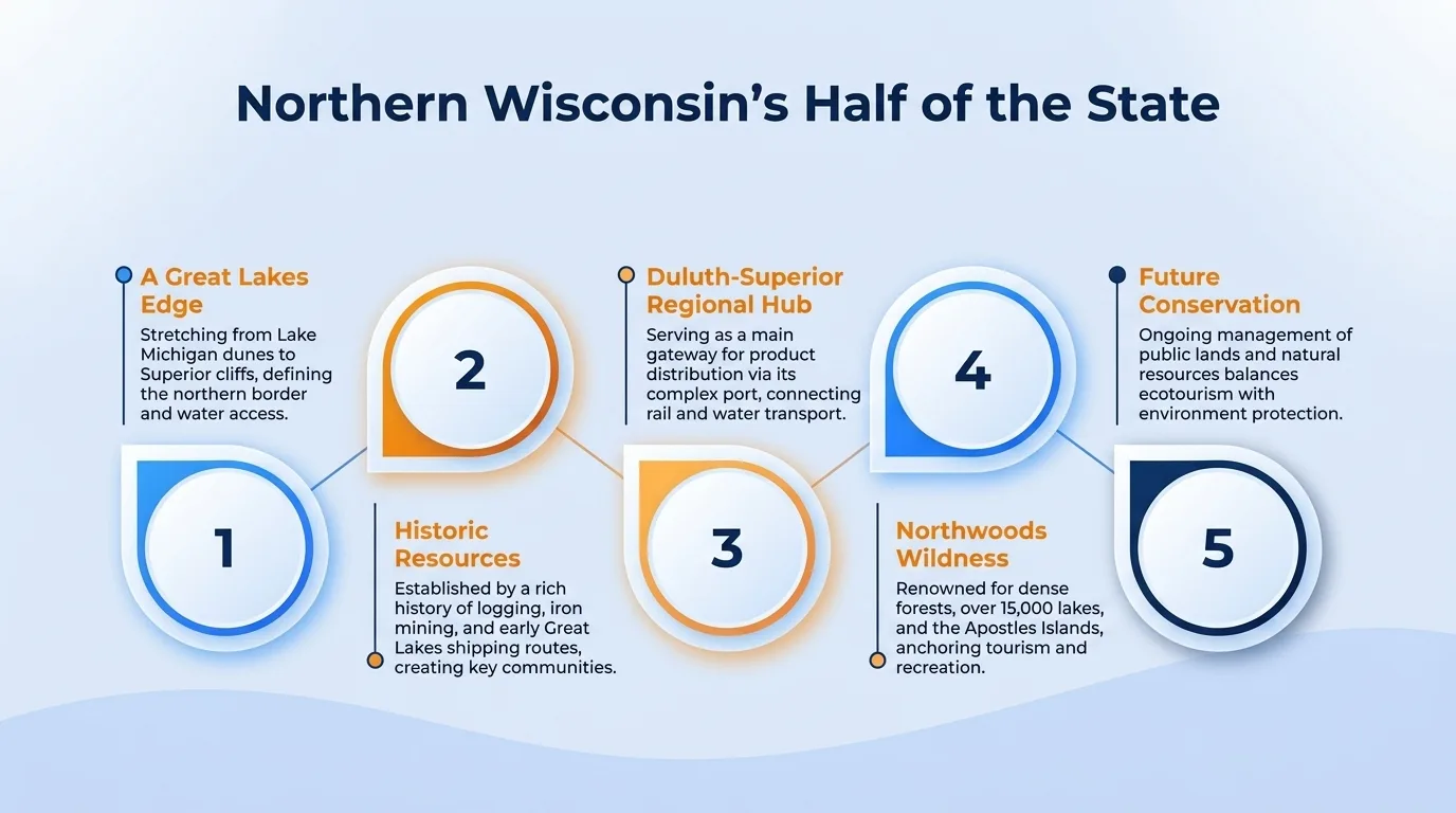 Northern Wisconsin's half of the state — a Great Lakes edge, historic resources, Duluth-Superior regional hub, Northwoods wildness, and future conservation