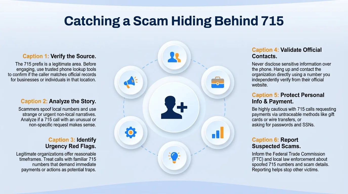Catching a scam hiding behind 715 — verify the source, analyze the story, identify urgency red flags, validate official contacts, protect personal info and payment, and report suspected scams