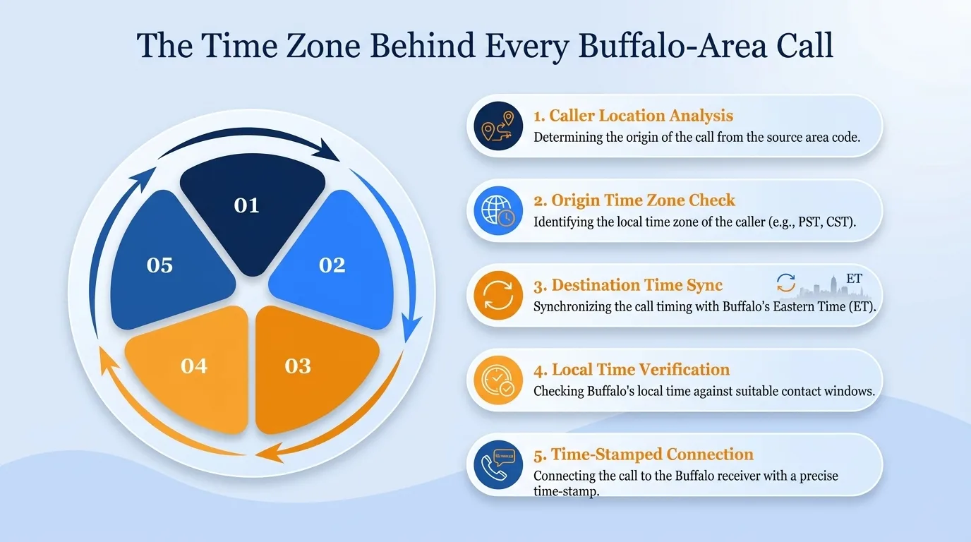 The time zone behind every Buffalo-area call — caller location analysis, origin time zone check, destination time sync, local time verification, and time-stamped connection