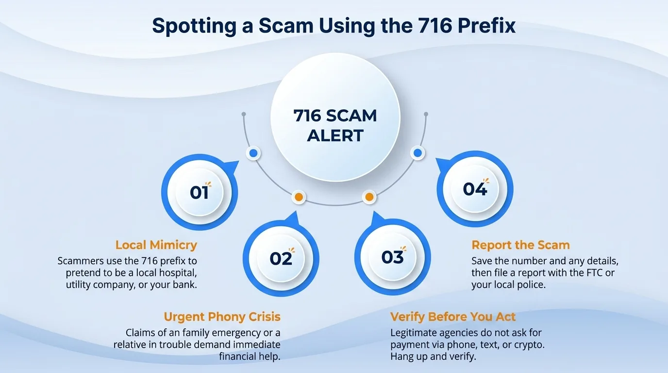 Spotting a scam using the 716 prefix — local mimicry, urgent phony crisis, verify before you act, and report the scam