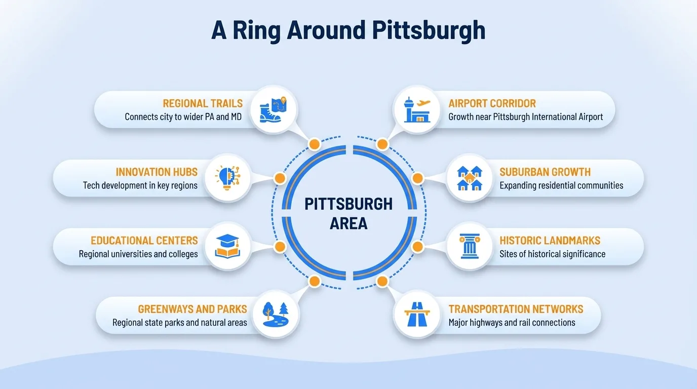 A ring around Pittsburgh — regional trails, airport corridor, innovation hubs, suburban growth, educational centers, historic landmarks, greenways and parks, and transportation networks
