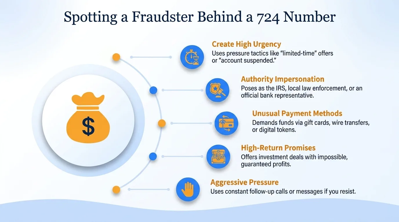 Spotting a fraudster behind a 724 number — create high urgency, authority impersonation, unusual payment methods, high-return promises, and aggressive pressure