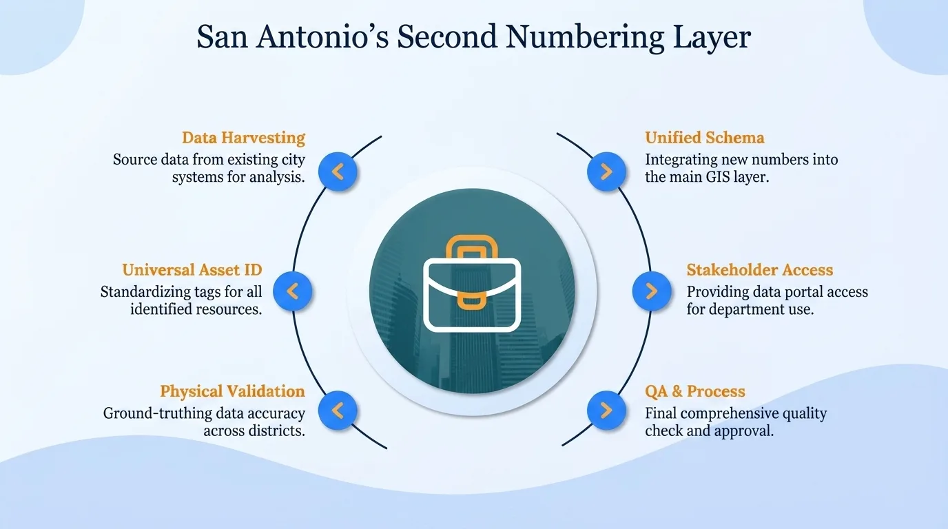 San Antonio's second numbering layer — data harvesting, unified schema, universal asset ID, stakeholder access, physical validation, and QA and process
