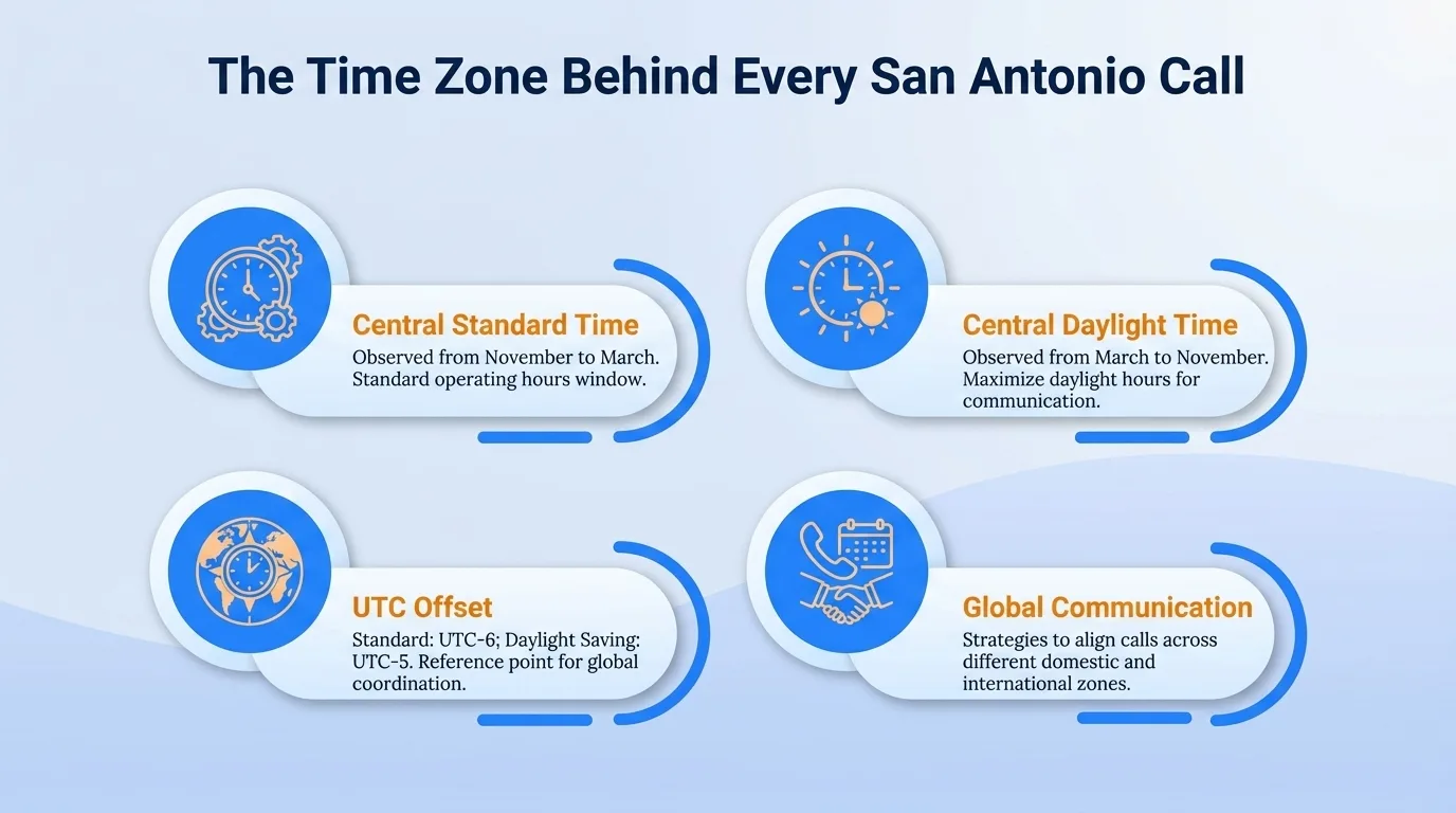 The time zone behind every San Antonio call — Central Standard Time, Central Daylight Time, UTC offset, and global communication