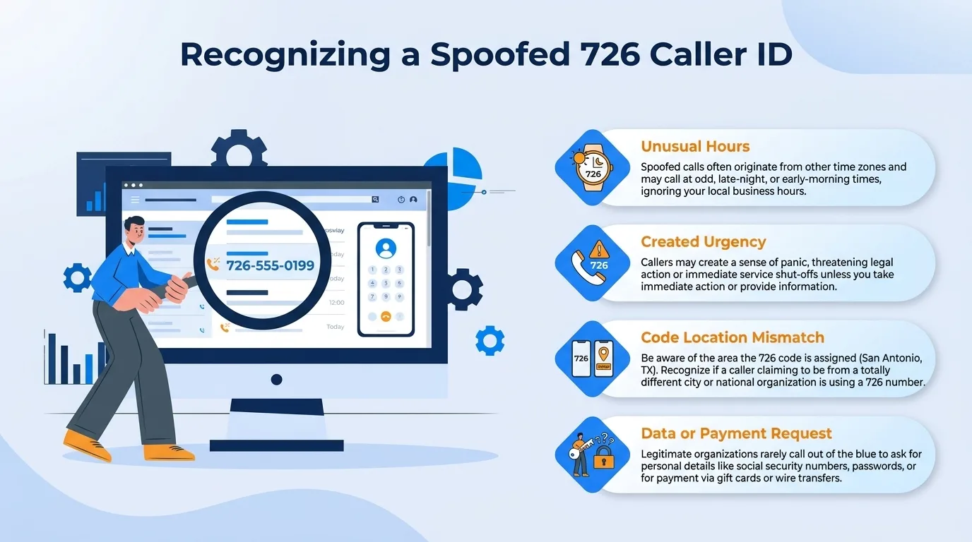 Recognizing a spoofed 726 caller ID — unusual hours, created urgency, code location mismatch, and data or payment request