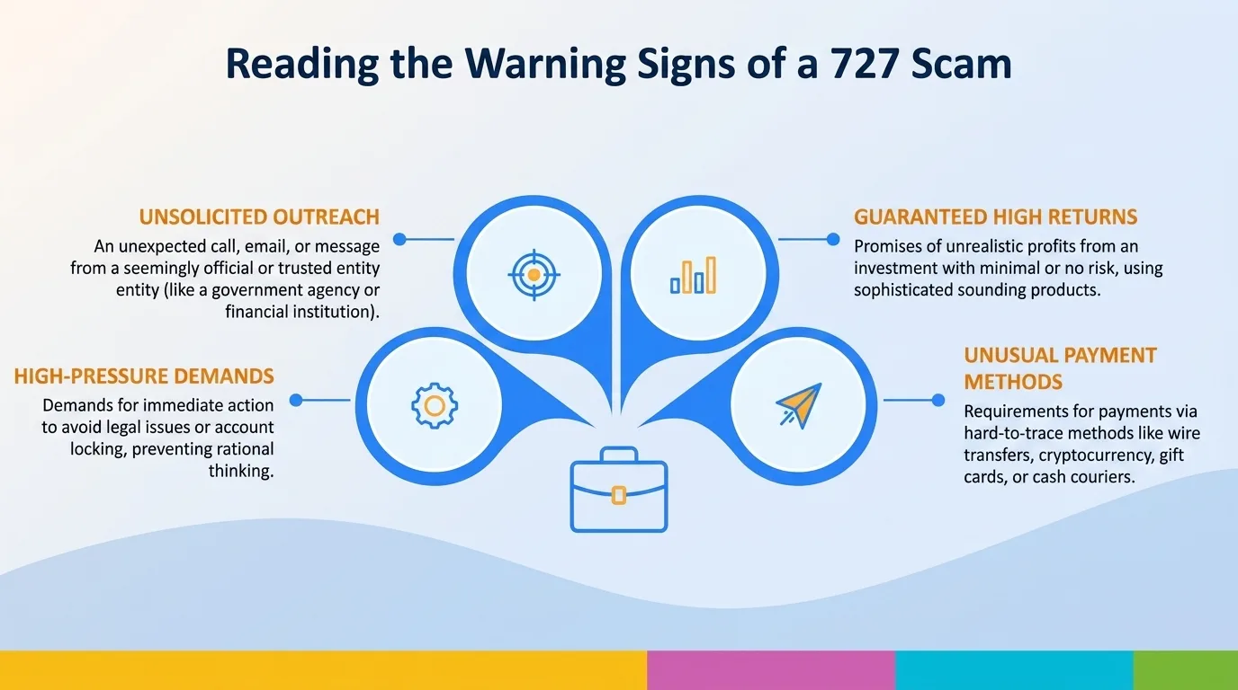 Reading the warning signs of a 727 scam — unsolicited outreach, guaranteed high returns, high-pressure demands, and unusual payment methods