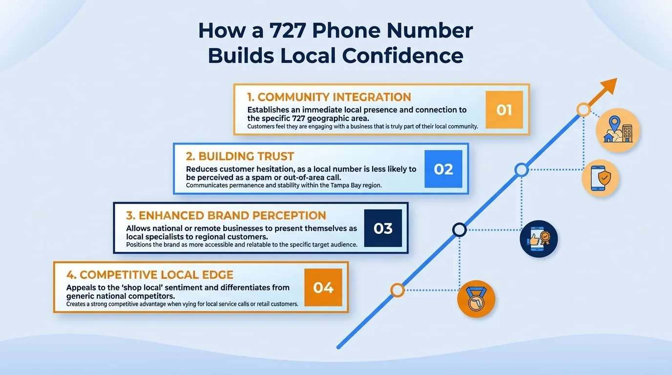How a 727 phone number builds local confidence — community integration, building trust, enhanced brand perception, and competitive local edge