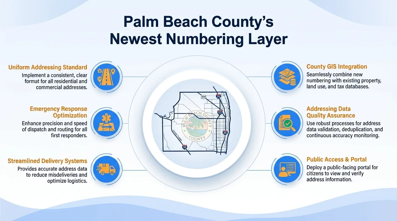 Palm Beach County's newest numbering layer — uniform addressing standard, county GIS integration, emergency response optimization, addressing data quality assurance, streamlined delivery systems, and public access and portal