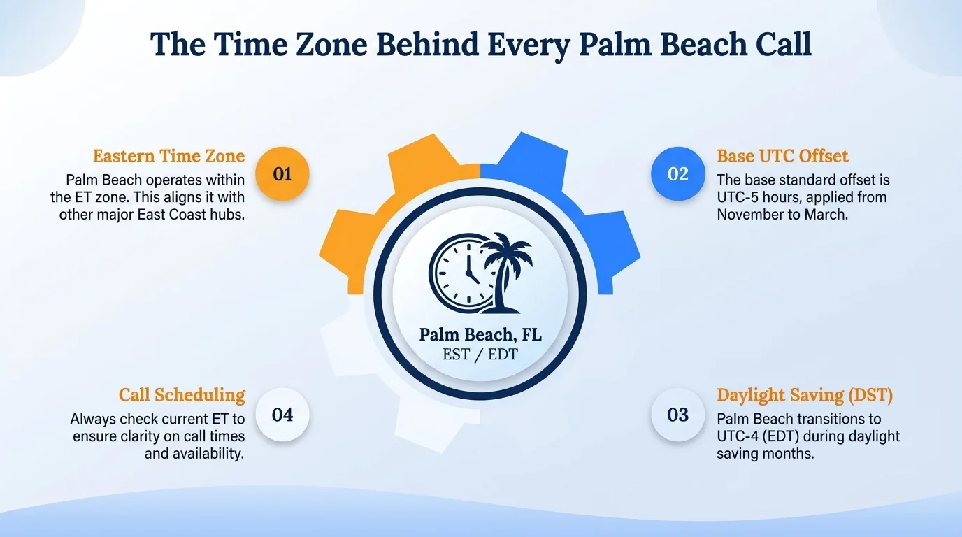 The time zone behind every Palm Beach call — Eastern time zone, base UTC offset, daylight saving, and call scheduling