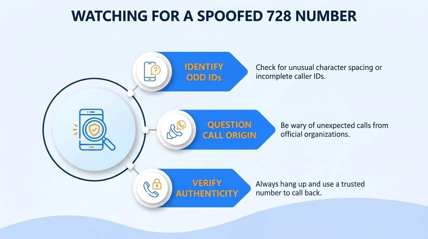 Watching for a spoofed 728 number — identify odd IDs, question call origin, and verify authenticity