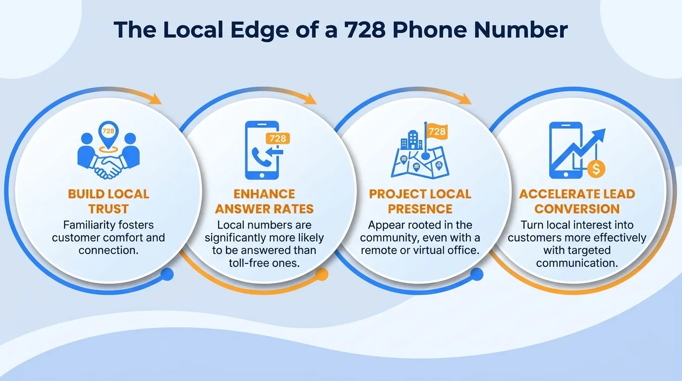 The local edge of a 728 phone number — build local trust, enhance answer rates, project local presence, and accelerate lead conversion