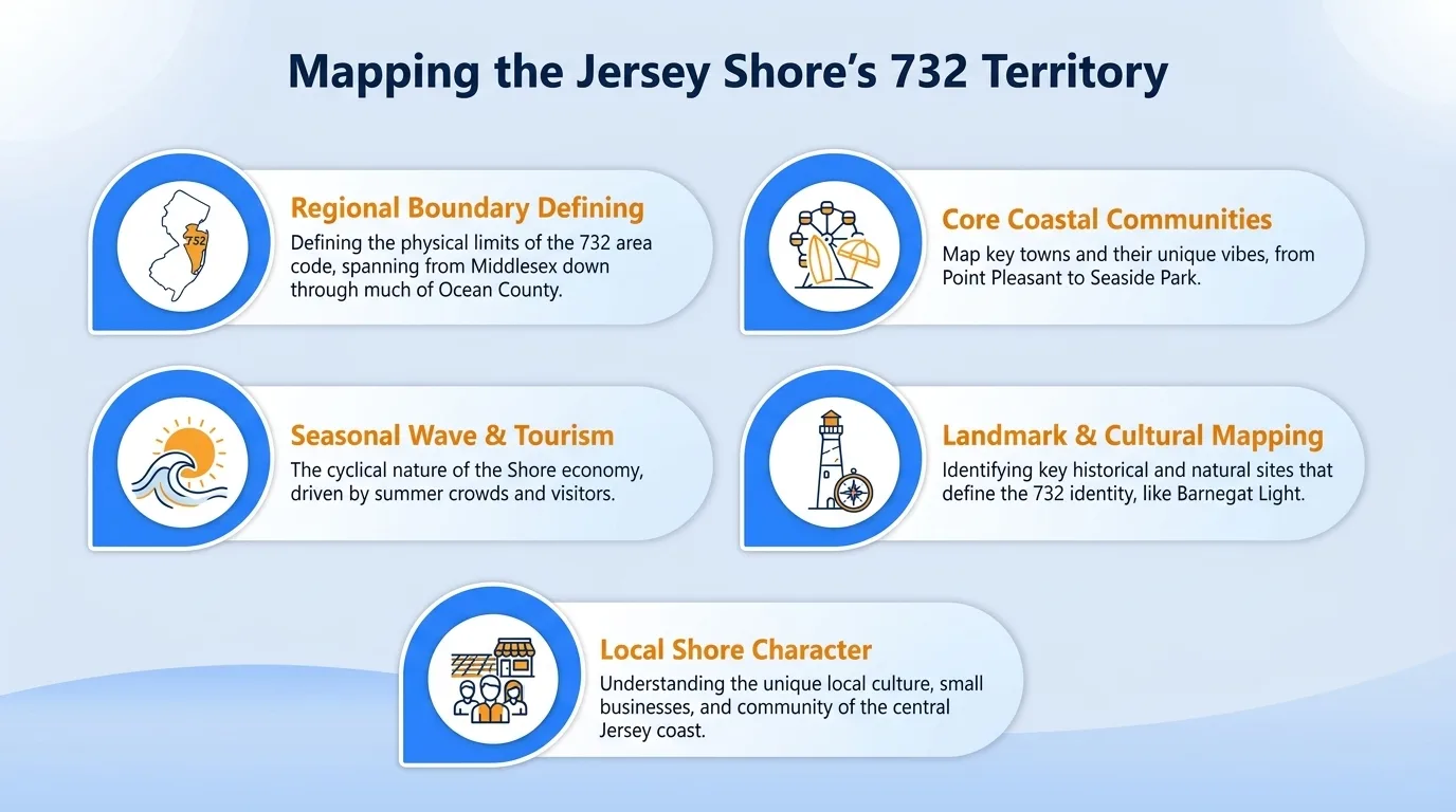 Mapping the Jersey Shore's 732 territory — regional boundary defining, core coastal communities, seasonal wave and tourism, landmark and cultural mapping, and local shore character