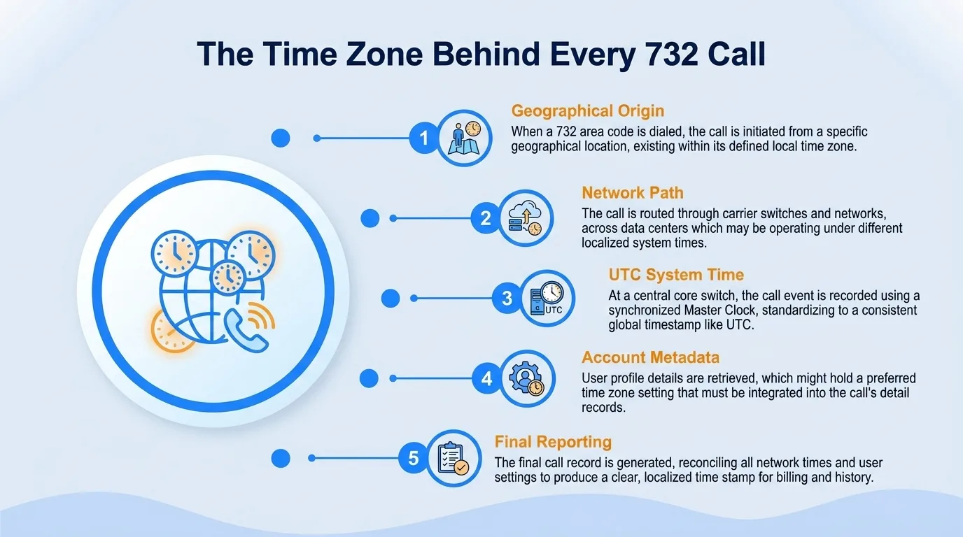The time zone behind every 732 call — geographical origin, network path, UTC system time, account metadata, and final reporting