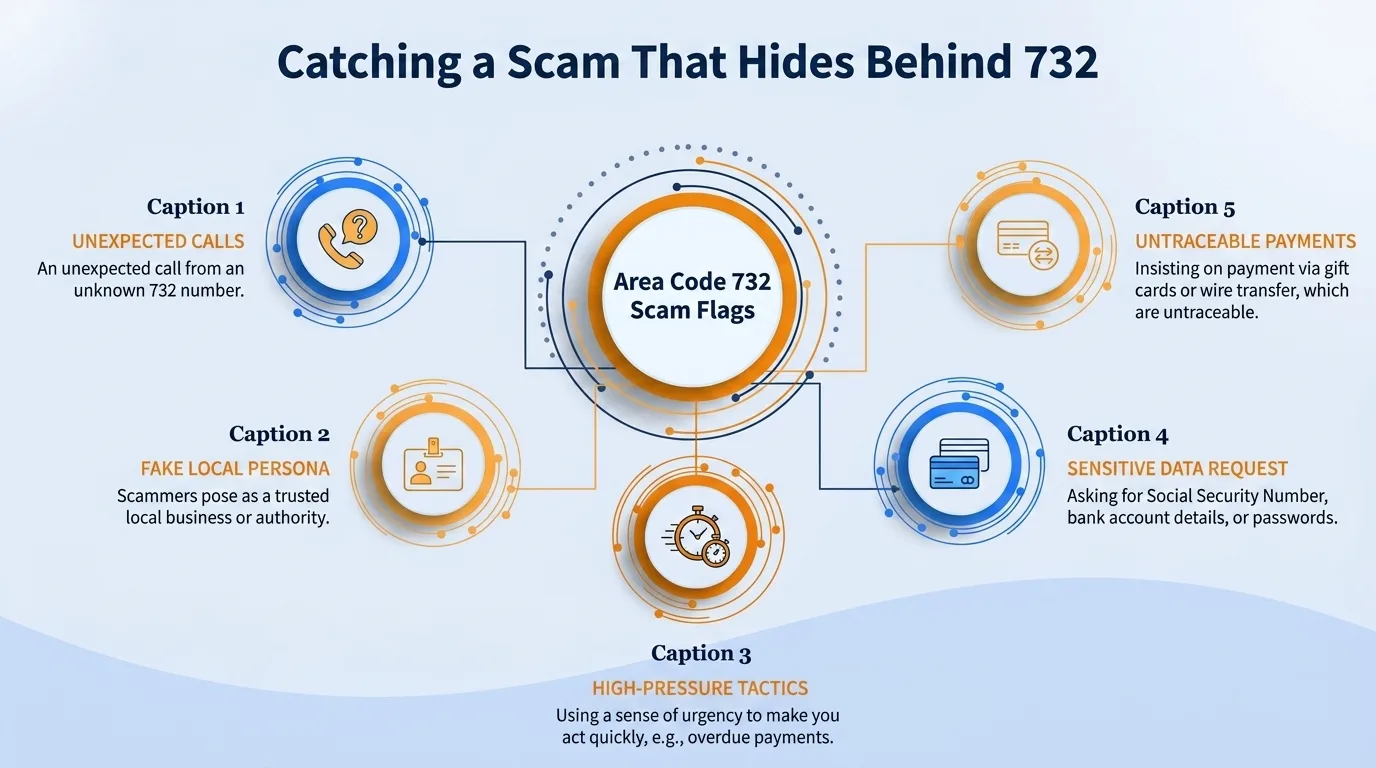 Area code 732 scam flags — unexpected calls, fake local persona, high-pressure tactics, sensitive data requests, and untraceable payments