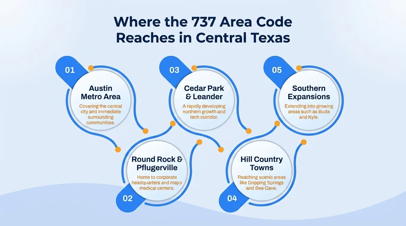 Where the 737 area code reaches in Central Texas — Austin metro area, Round Rock and Pflugerville, Cedar Park and Leander, Hill Country towns, and southern expansions