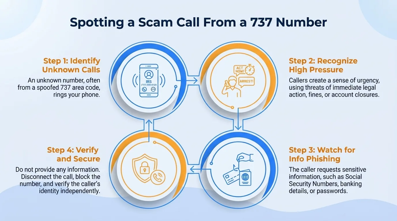 Spotting a scam call from a 737 number — identify unknown calls, recognize high pressure tactics, watch for info phishing, and verify and secure