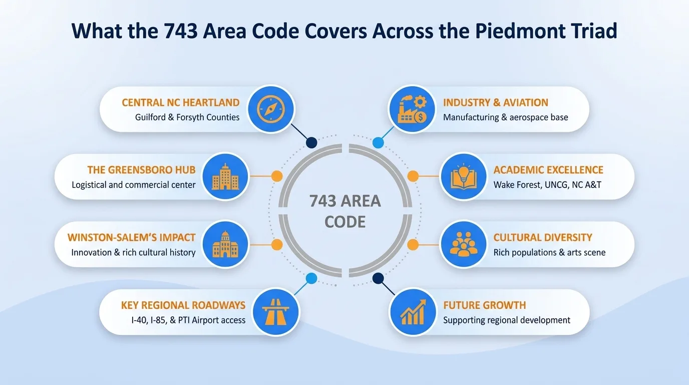 What the 743 area code covers across the Piedmont Triad — central NC heartland, the Greensboro hub, Winston-Salem's impact, key regional roadways, industry and aviation, academic excellence, cultural diversity, and future growth
