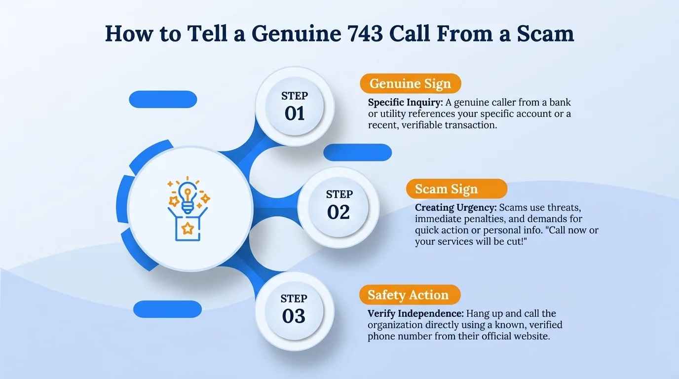 How to tell a genuine 743 call from a scam — specific inquiry as a genuine sign, creating urgency as a scam sign, and verifying independently as a safety action