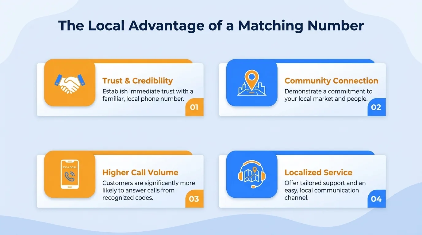 The local advantage of a matching number — trust and credibility, community connection, higher call volume, and localized service