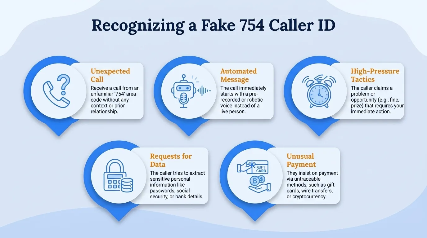 Recognizing a fake 754 caller ID — unexpected call, automated message, high-pressure tactics, requests for data, and unusual payment