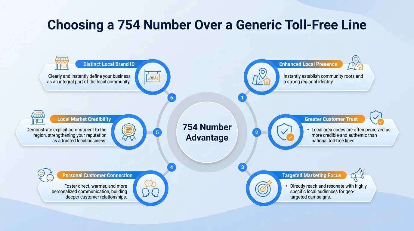 Choosing a 754 number over a generic toll-free line — enhanced local presence, greater customer trust, targeted marketing focus, personal customer connection, local market credibility, and distinct local brand ID