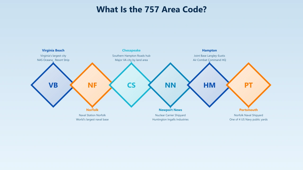757 area code map showing Virginia Beach Norfolk Chesapeake Newport News Hampton Portsmouth Suffolk Eastern Shore Hampton Roads Virginia coverage