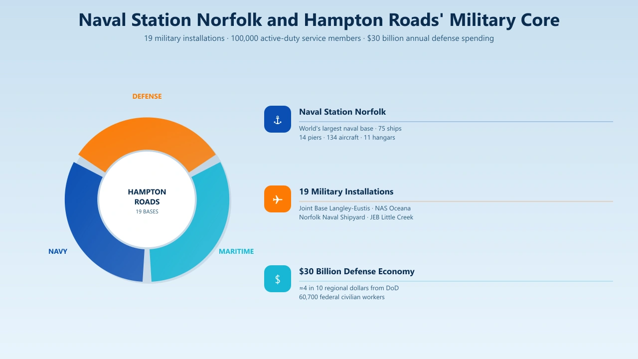 Naval Station Norfolk world's largest naval base 757 area code 75 ships 14 piers Hampton Roads Virginia