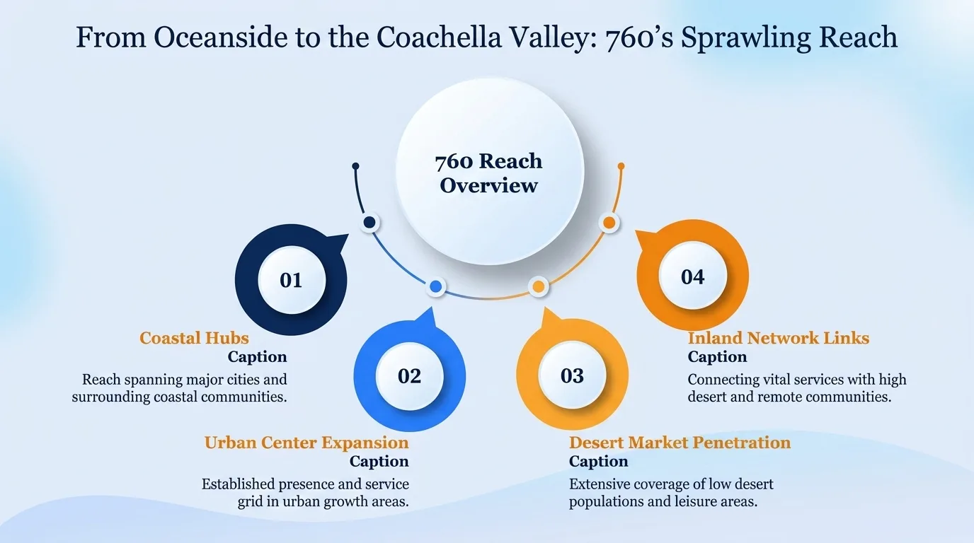 From Oceanside to the Coachella Valley: 760's sprawling reach — coastal hubs, urban center expansion, desert market penetration, and inland network links