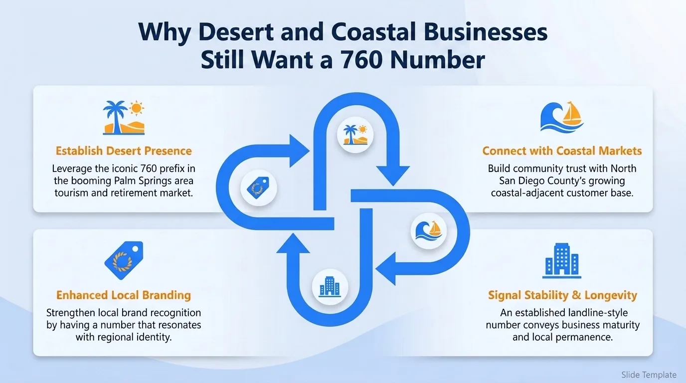 Why desert and coastal businesses still want a 760 number — establish desert presence, connect with coastal markets, enhanced local branding, and signal stability and longevity