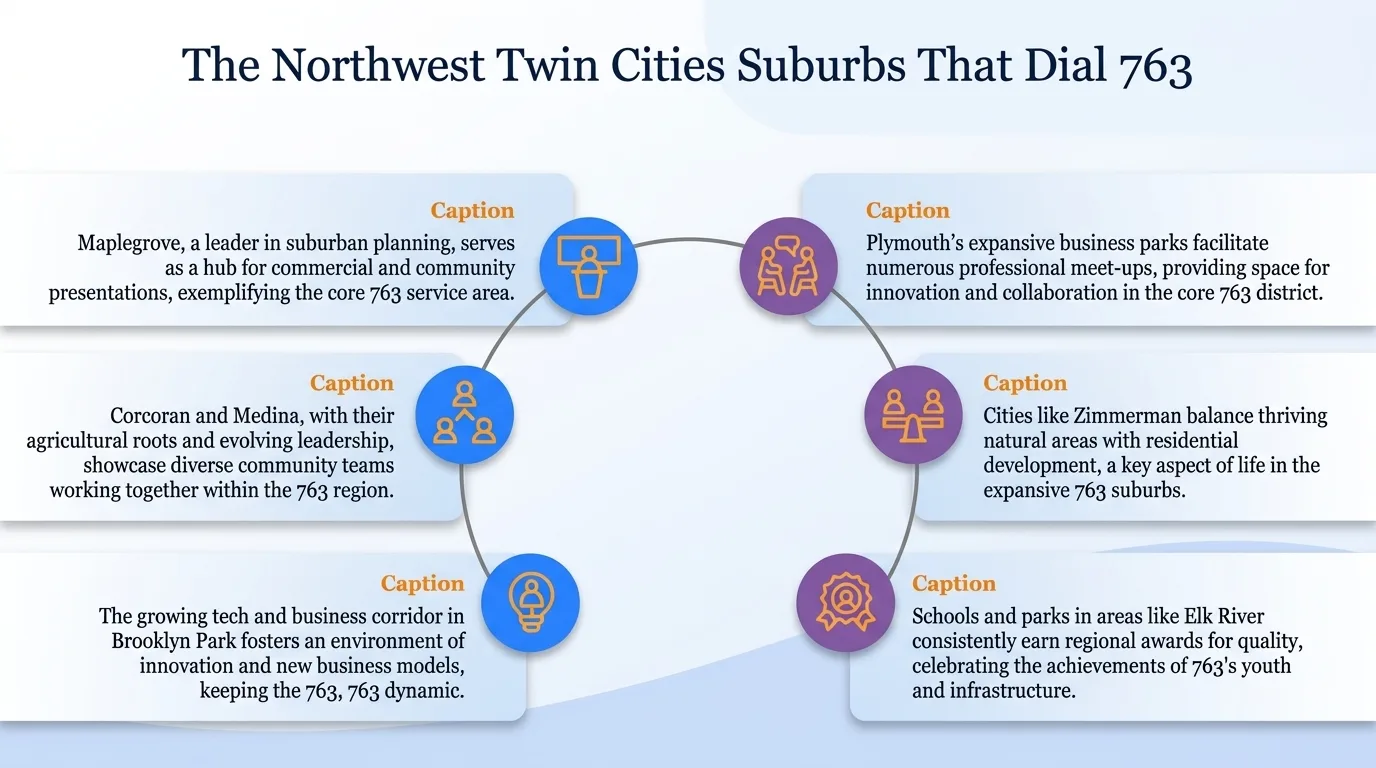 The northwest Twin Cities suburbs that dial 763 — Maple Grove, Plymouth, Corcoran and Medina, Zimmerman, Brooklyn Park, and Elk River