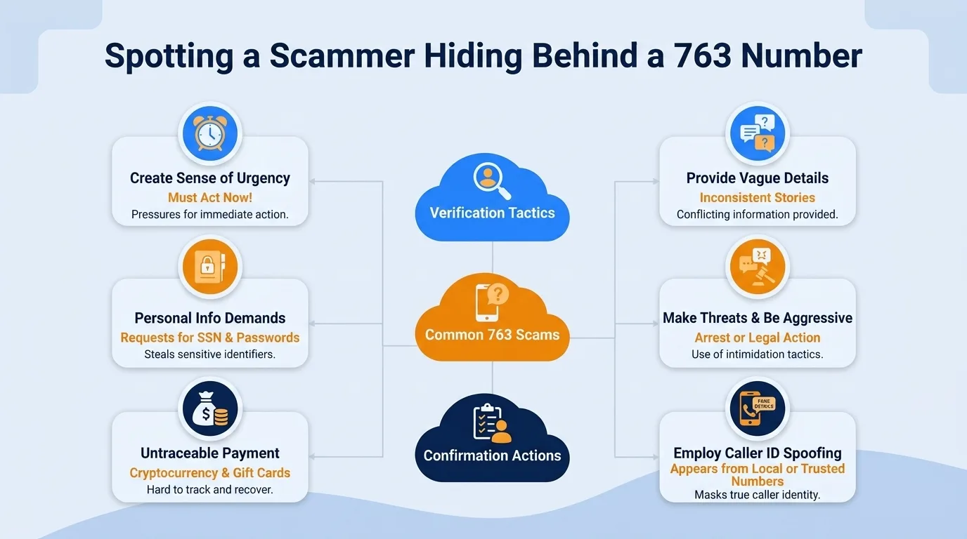 Spotting a scammer hiding behind a 763 number — creating a sense of urgency, personal info demands, untraceable payment, providing vague details, making threats, and caller ID spoofing
