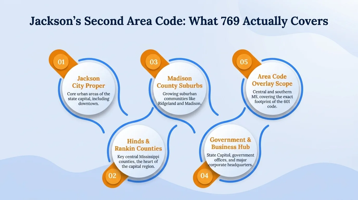 Jackson's second area code: what 769 actually covers — Jackson city proper, Hinds and Rankin counties, Madison County suburbs, government and business hub, and area code overlay scope