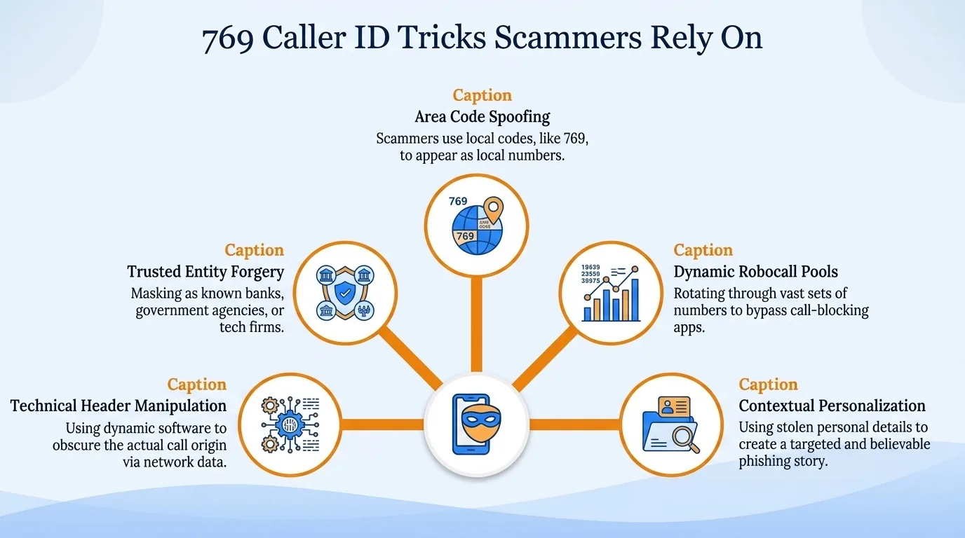 769 caller ID tricks scammers rely on — area code spoofing, trusted entity forgery, technical header manipulation, dynamic robocall pools, and contextual personalization