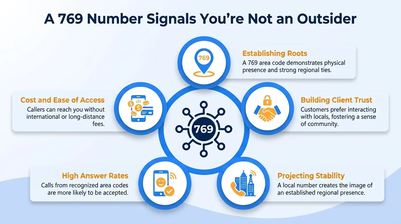 A 769 number signals you're not an outsider — establishing roots, building client trust, high answer rates, projecting stability, and cost and ease of access