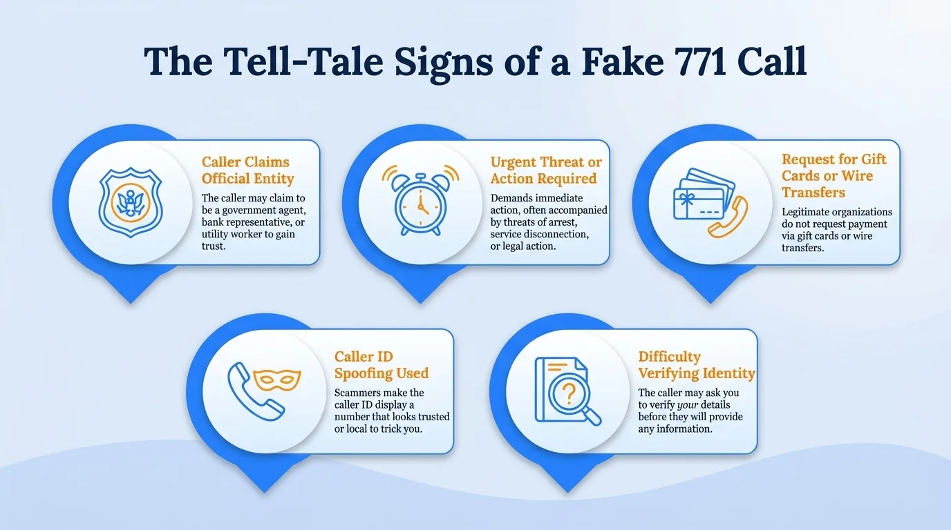 The tell-tale signs of a fake 771 call — caller claims official entity, urgent threat or action required, request for gift cards or wire transfers, caller ID spoofing used, and difficulty verifying identity