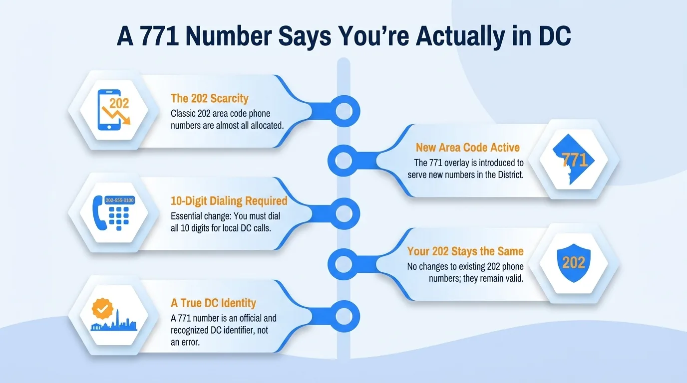 A 771 number says you're actually in DC — 202 scarcity, 10-digit dialing required, a true DC identity, new area code active, and your 202 stays the same