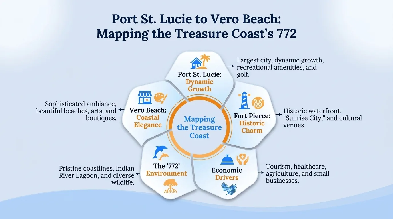 Port St. Lucie to Vero Beach: mapping the Treasure Coast's 772 — Port St. Lucie's dynamic growth, Fort Pierce's historic charm, economic drivers, the 772 environment, and Vero Beach's coastal elegance