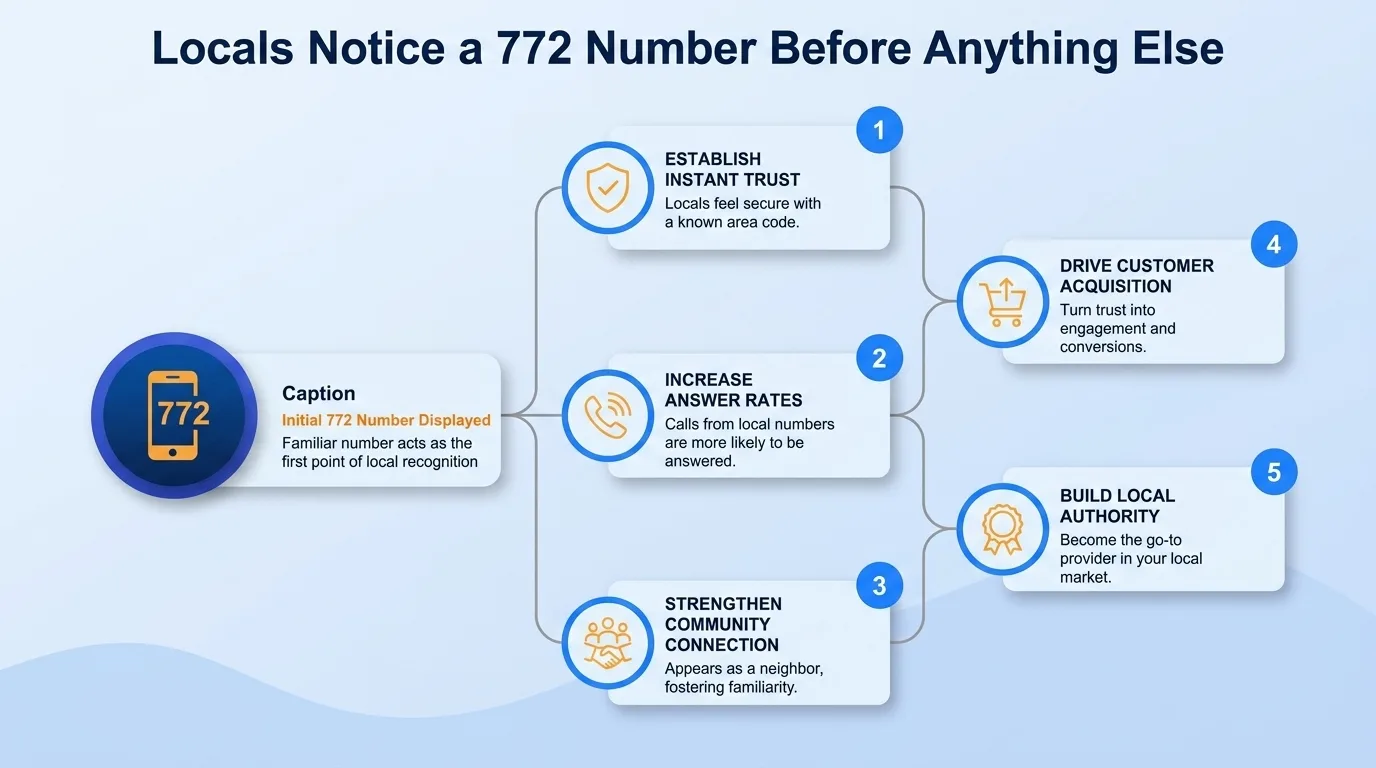 Locals notice a 772 number before anything else — establish instant trust, increase answer rates, strengthen community connection, drive customer acquisition, and build local authority
