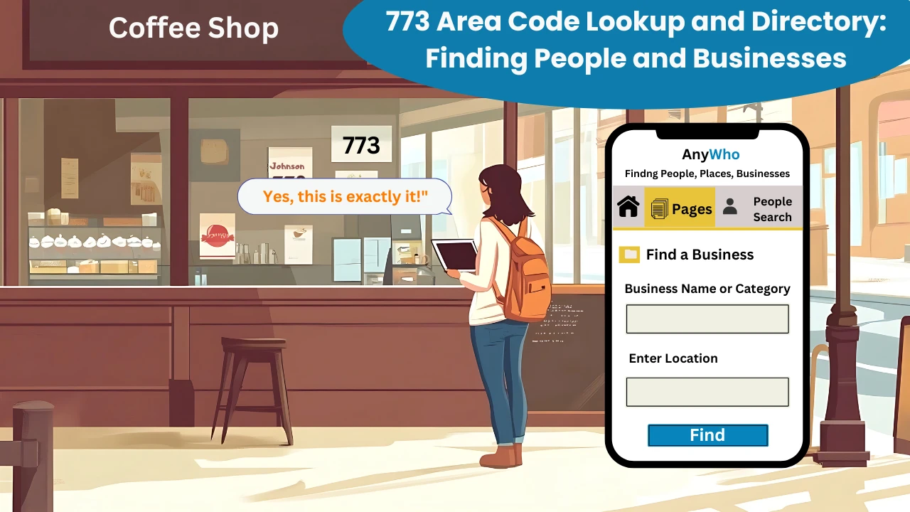 773 Area Code Lookup and Directory: Finding People and Businesses — woman using AnyWho directory outside coffee shop
