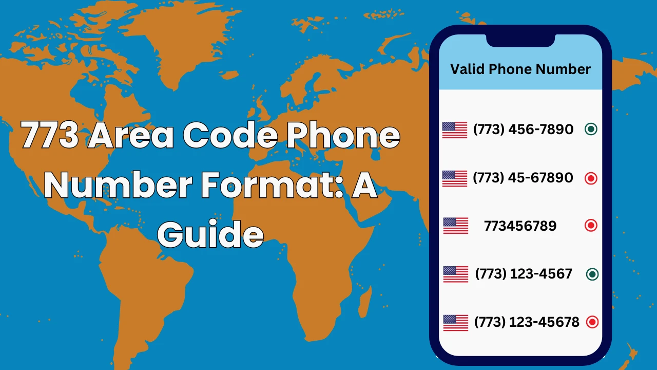 773 Area Code Phone Number Format Guide — world map with valid and invalid 773 number examples on phone screen