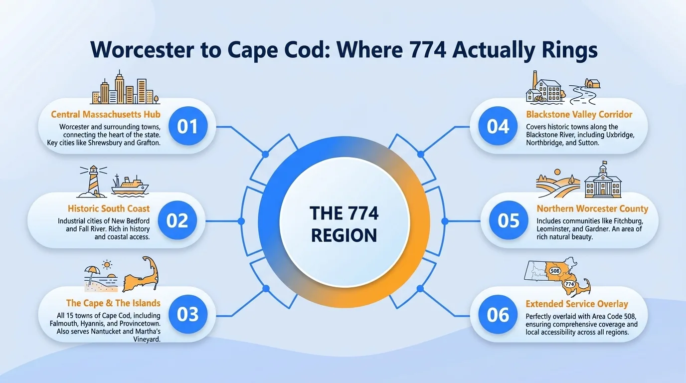 Worcester to Cape Cod: where 774 actually rings — central Massachusetts hub, historic South Coast, the Cape and the islands, Blackstone Valley corridor, northern Worcester County, and extended service overlay