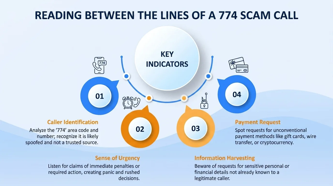 Reading between the lines of a 774 scam call — caller identification, sense of urgency, information harvesting, and payment request