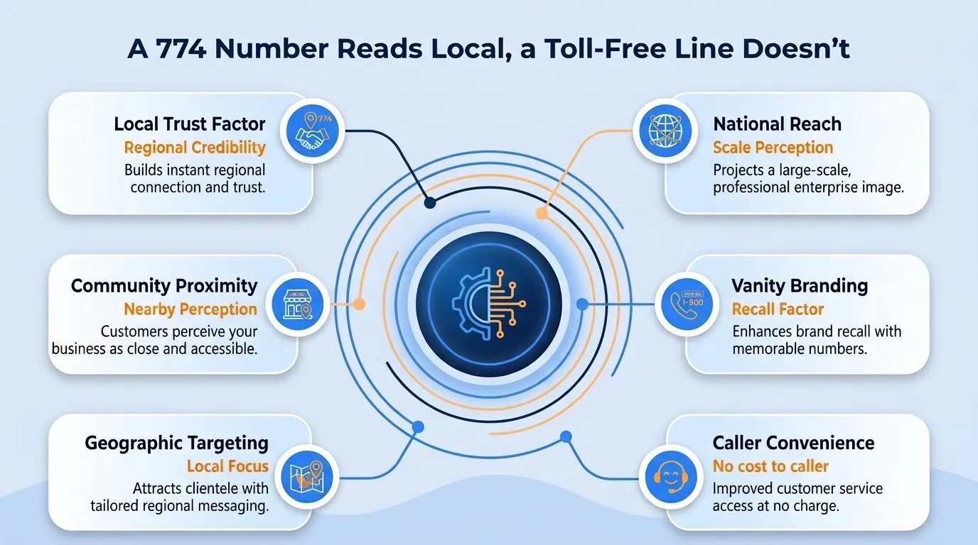 A 774 number reads local, a toll-free line doesn't — local trust factor, community proximity, geographic targeting, national reach, vanity branding, and caller convenience