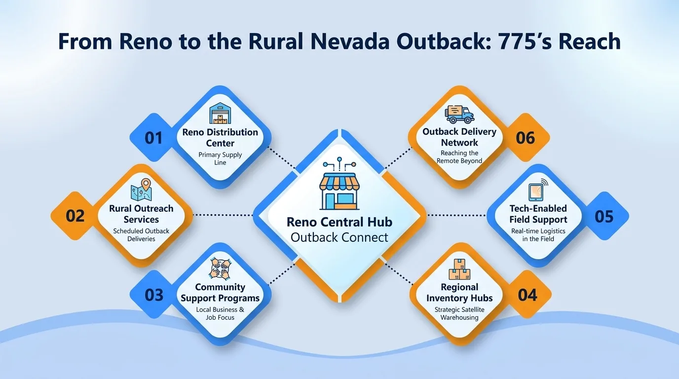 From Reno to the rural Nevada outback: 775's reach — Reno distribution center, rural outreach services, community support programs, regional inventory hubs, tech-enabled field support, and outback delivery network